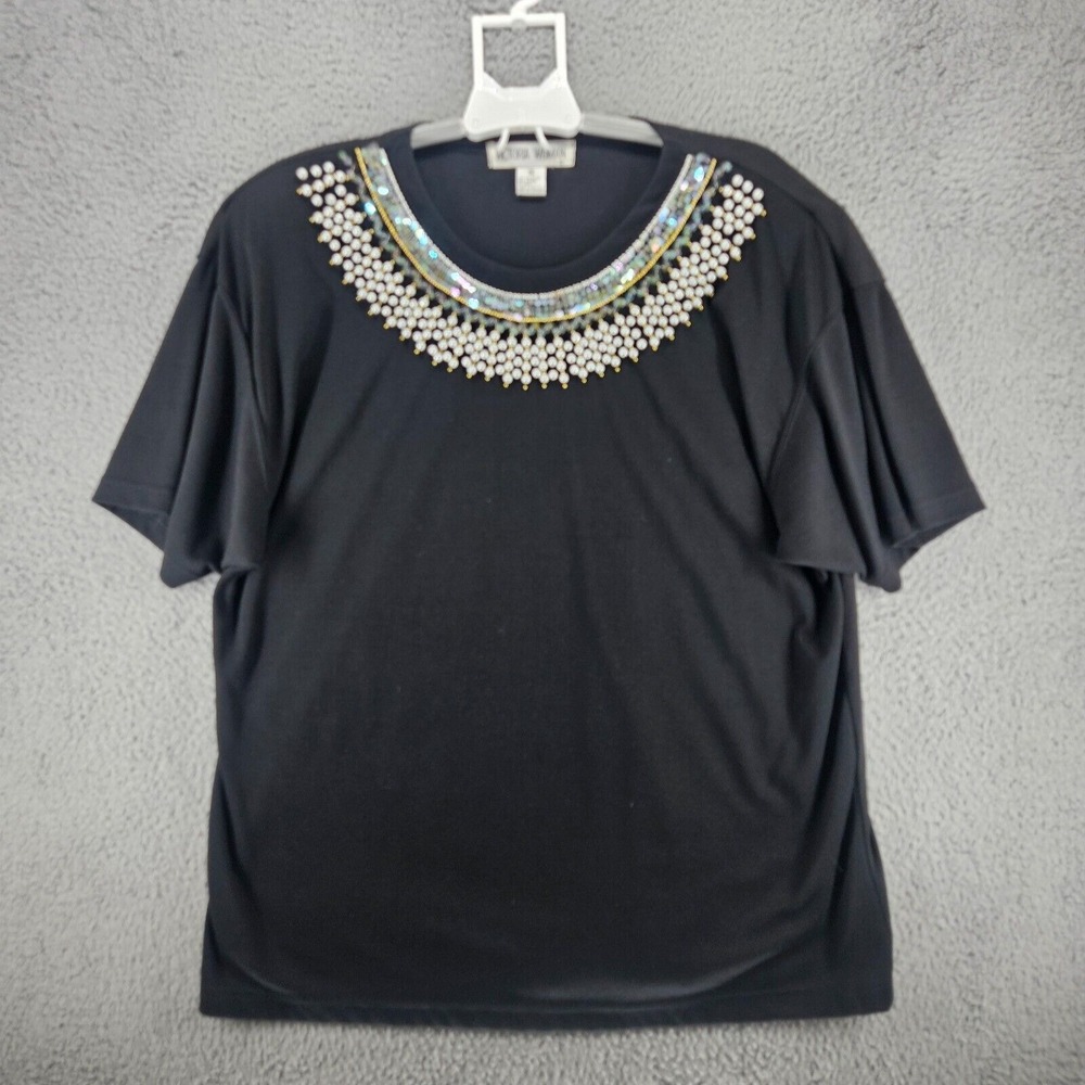 Vintage Victoria Woman 2x Sequin & Pearl Hand Embroidered Black Shoulder Pad‎ 2X